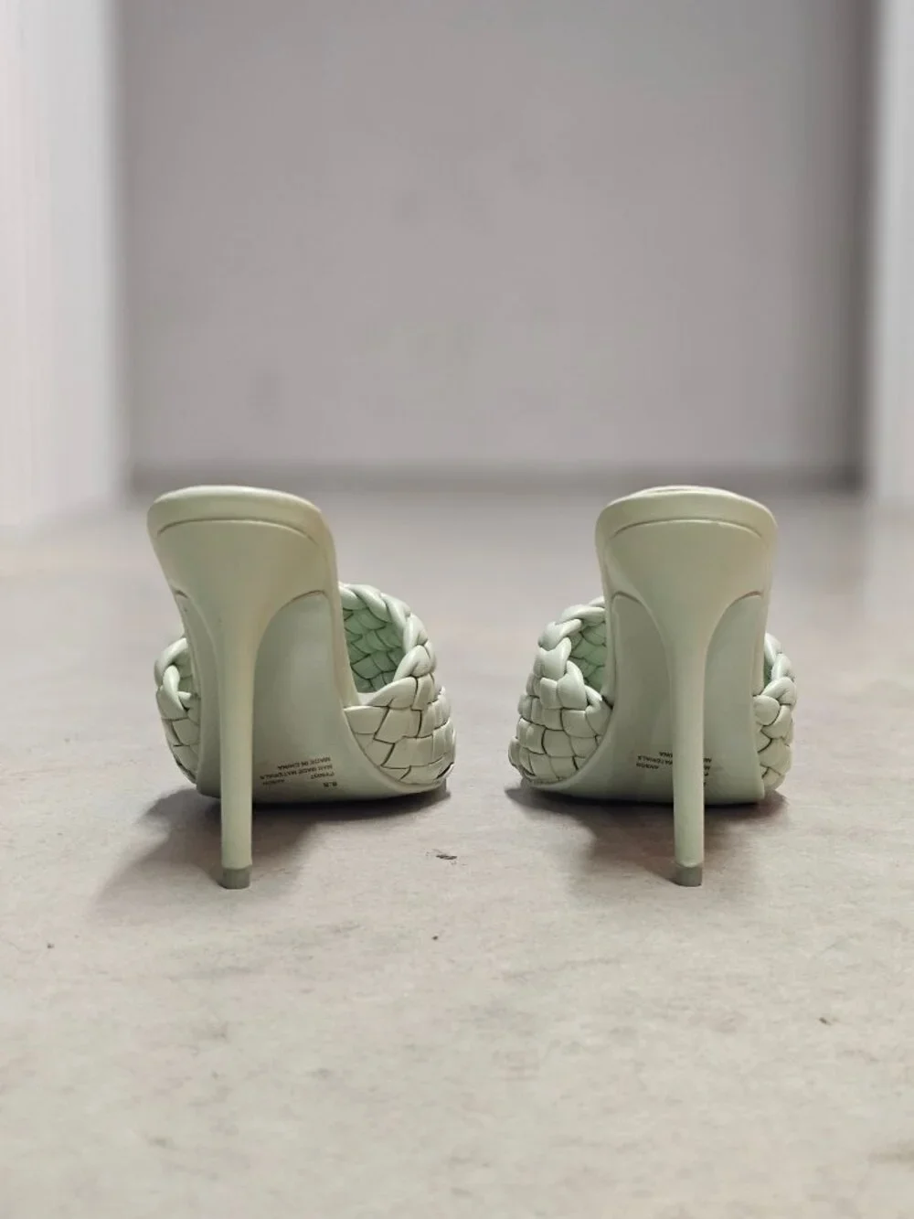 Woven Sage Green High Heel Mules With Padded Straps - Elegant Slip-On Design For